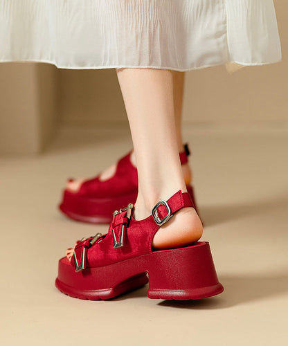 Splicing Buckle Leather Strap Platform Chic Sandals Red Faux