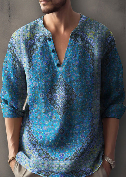 Print Mens V Shirts Button Cotton T Fall Neck Red