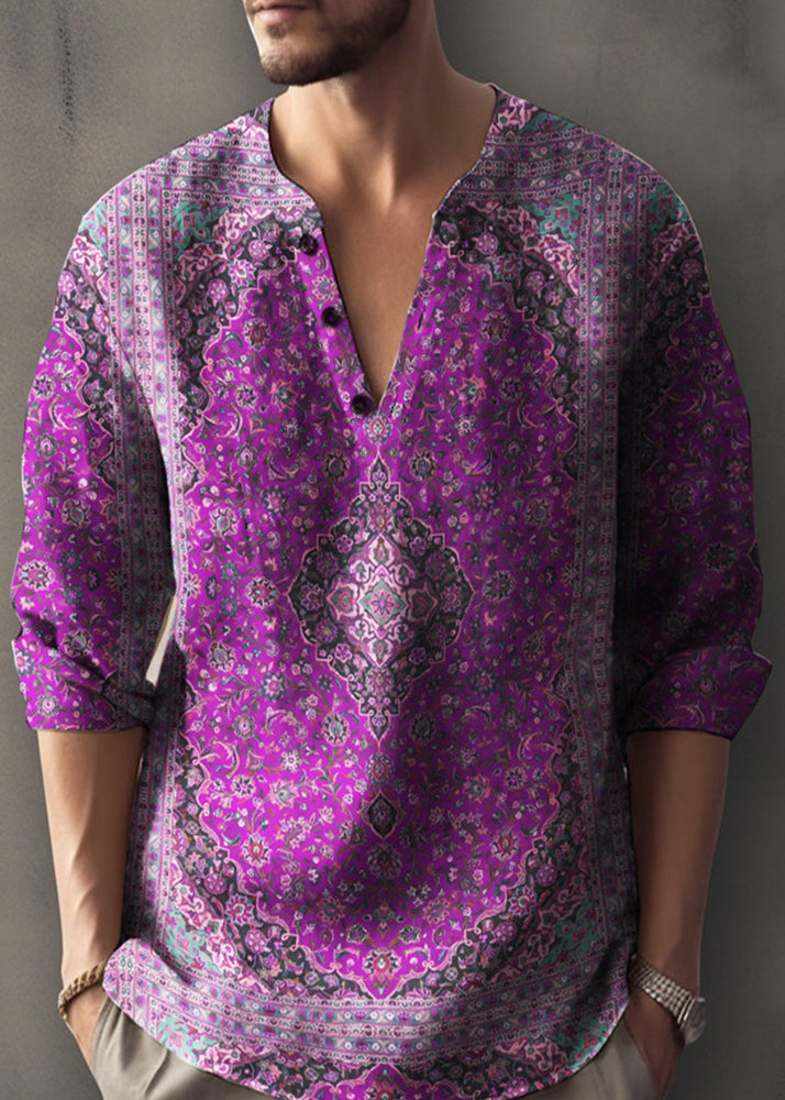 Print Mens V Shirts Button Cotton T Fall Neck Red