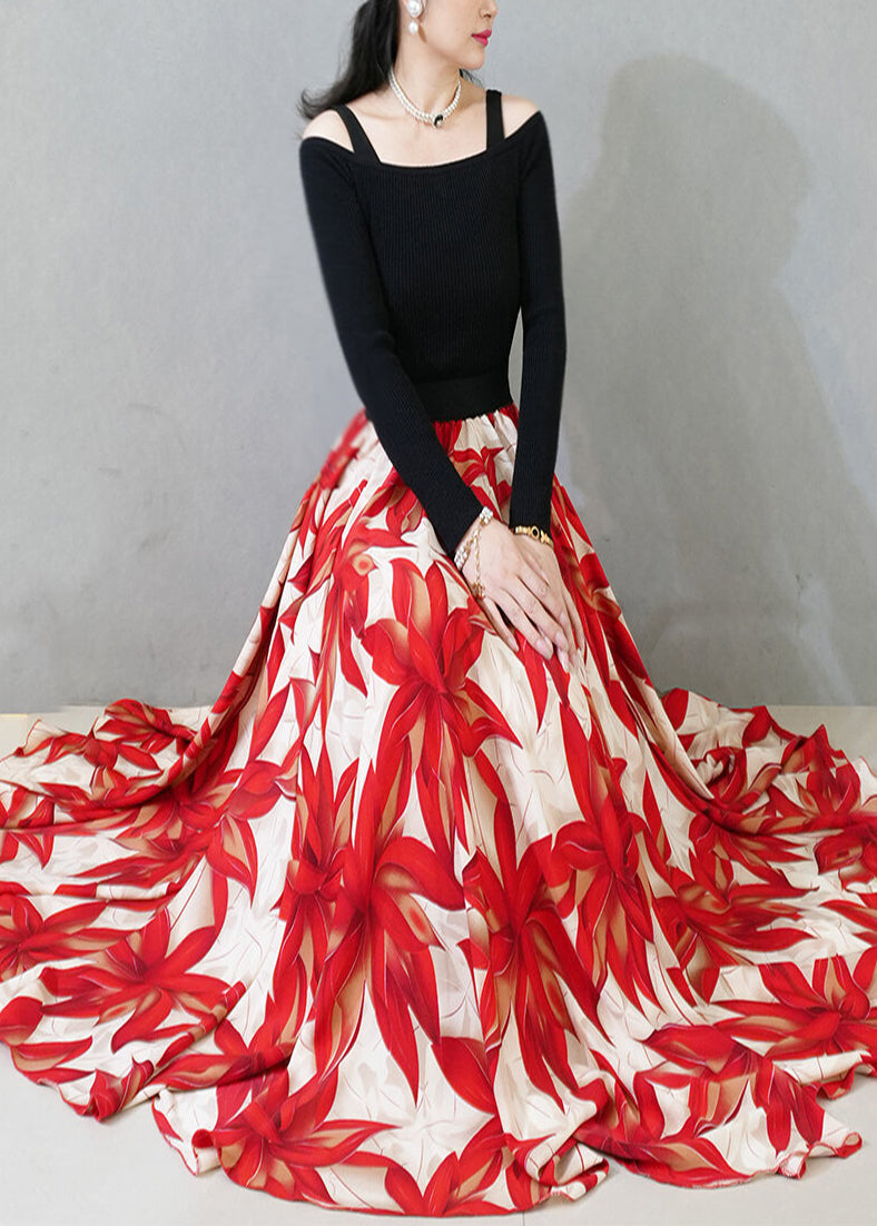 Red Print Chiffon Skirt Exra Large Hem Spring YU024