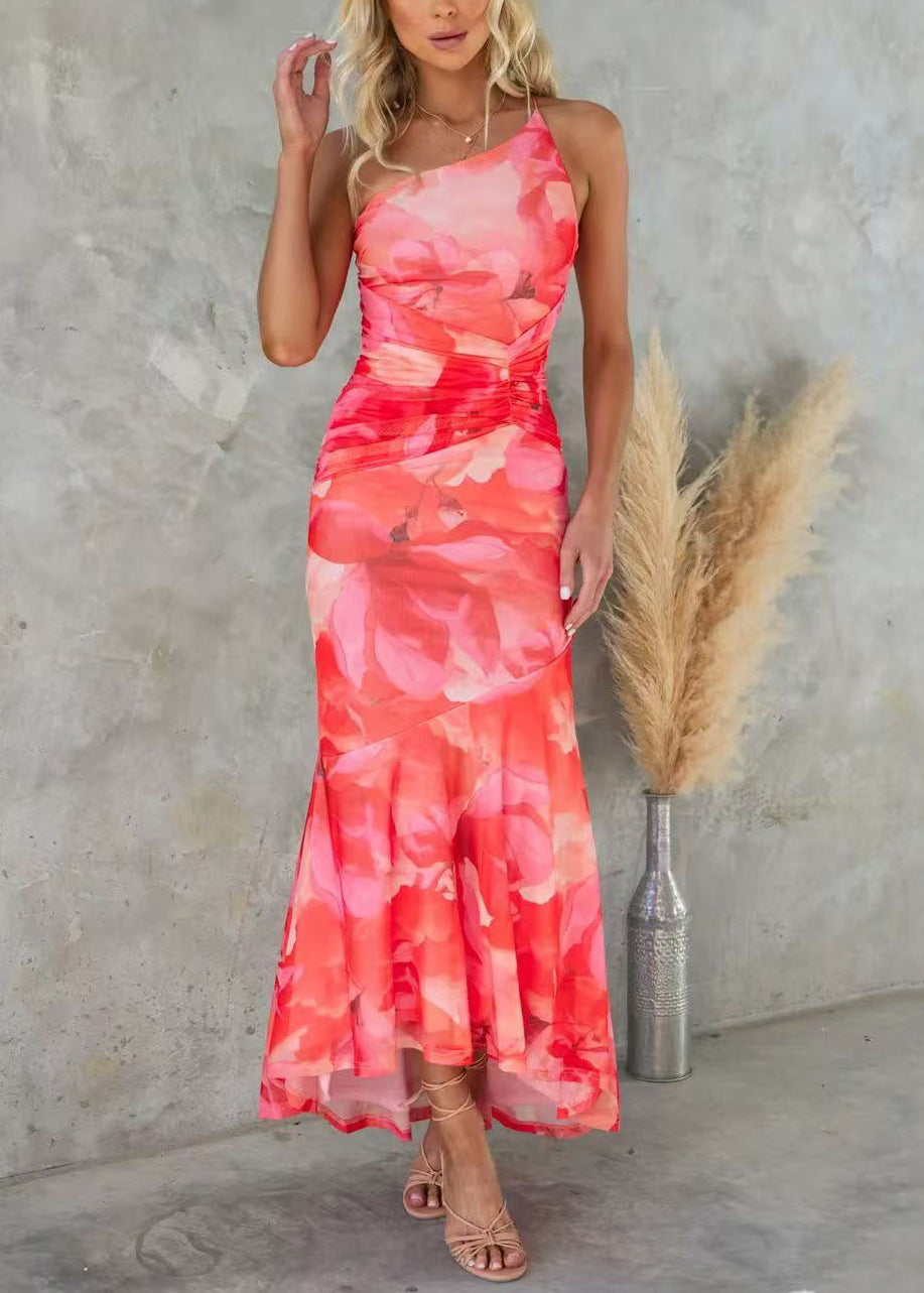 Sleeveless Strap Print Cotton Dress Red Spaghetti Shoulder Cold