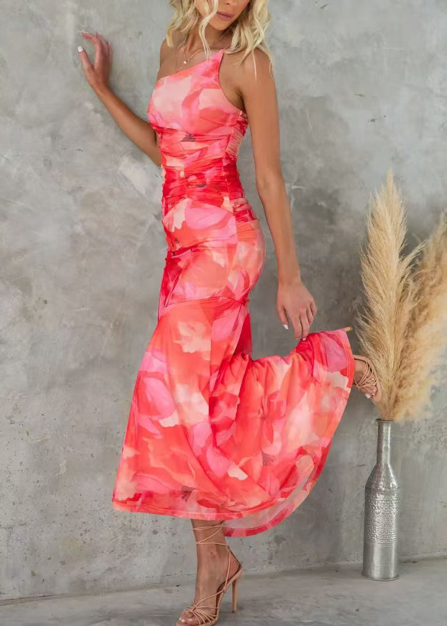 Sleeveless Strap Print Cotton Dress Red Spaghetti Shoulder Cold