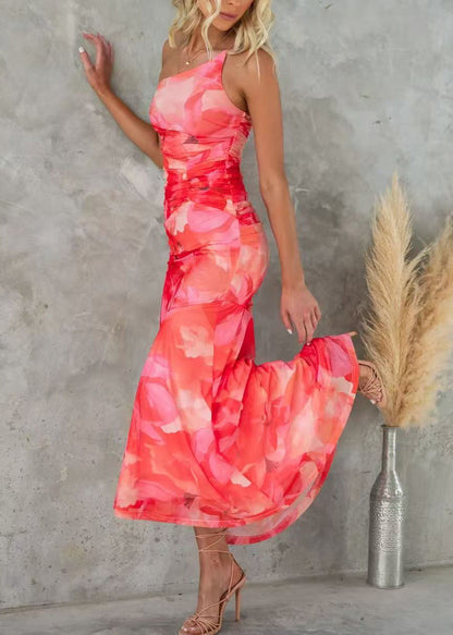 Sleeveless Strap Print Cotton Dress Red Spaghetti Shoulder Cold