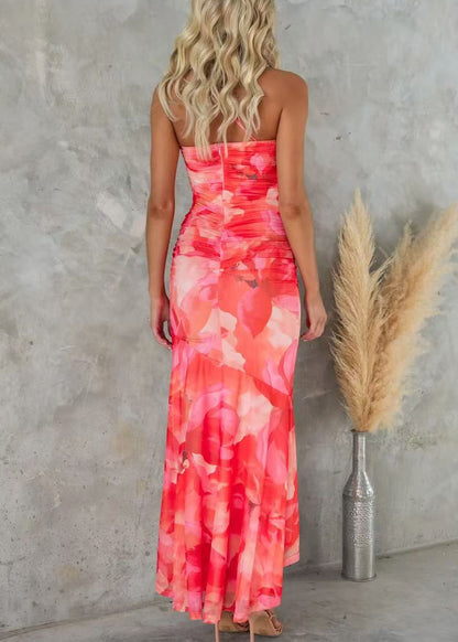 Sleeveless Strap Print Cotton Dress Red Spaghetti Shoulder Cold