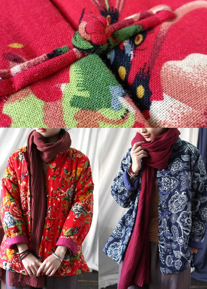 Red Print Fine Cotton Filled Jackets Chinese Button Spring TI037