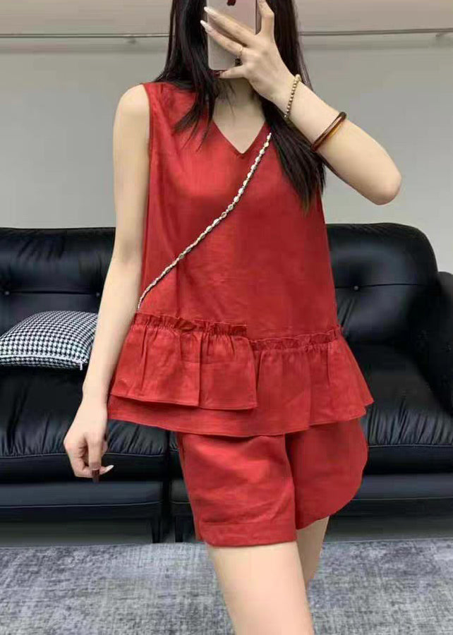 Neck Set Red Sleeveless Two Linen V Pieces Ruffled Pockets