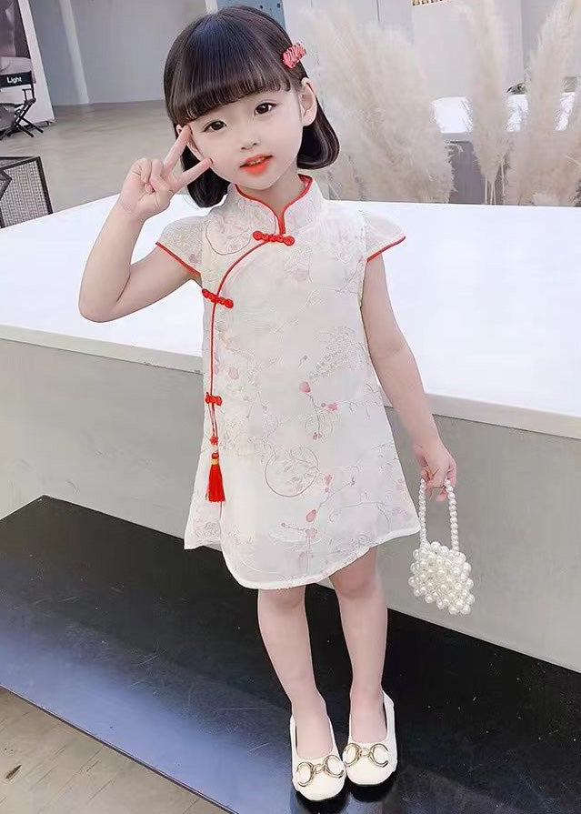 Red Stand Collar Button Silk Kids Mid Dress Summer GF017