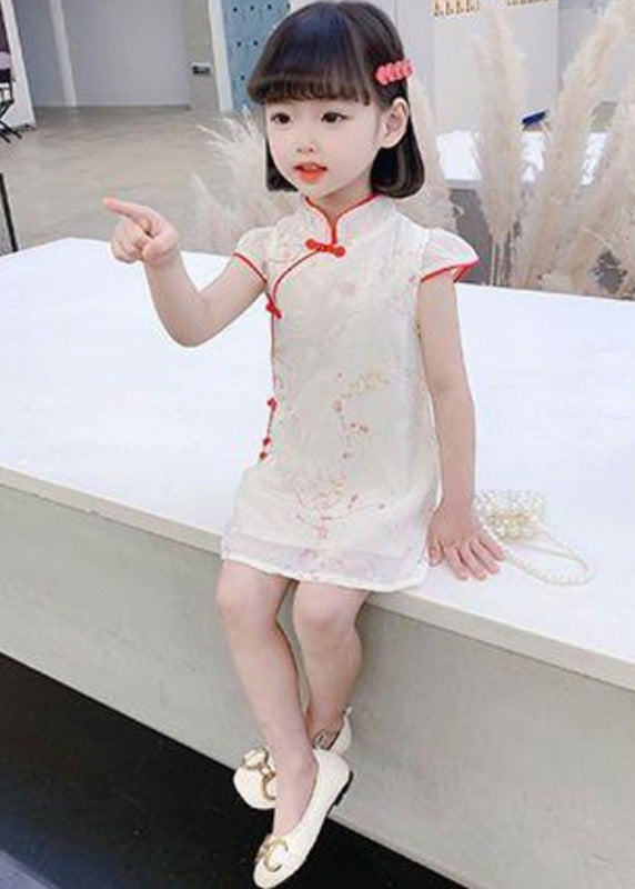 Red Stand Collar Button Silk Kids Mid Dress Summer GF017