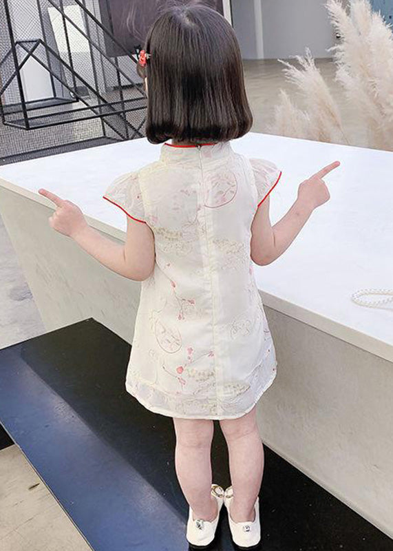 Red Stand Collar Button Silk Kids Mid Dress Summer GF017