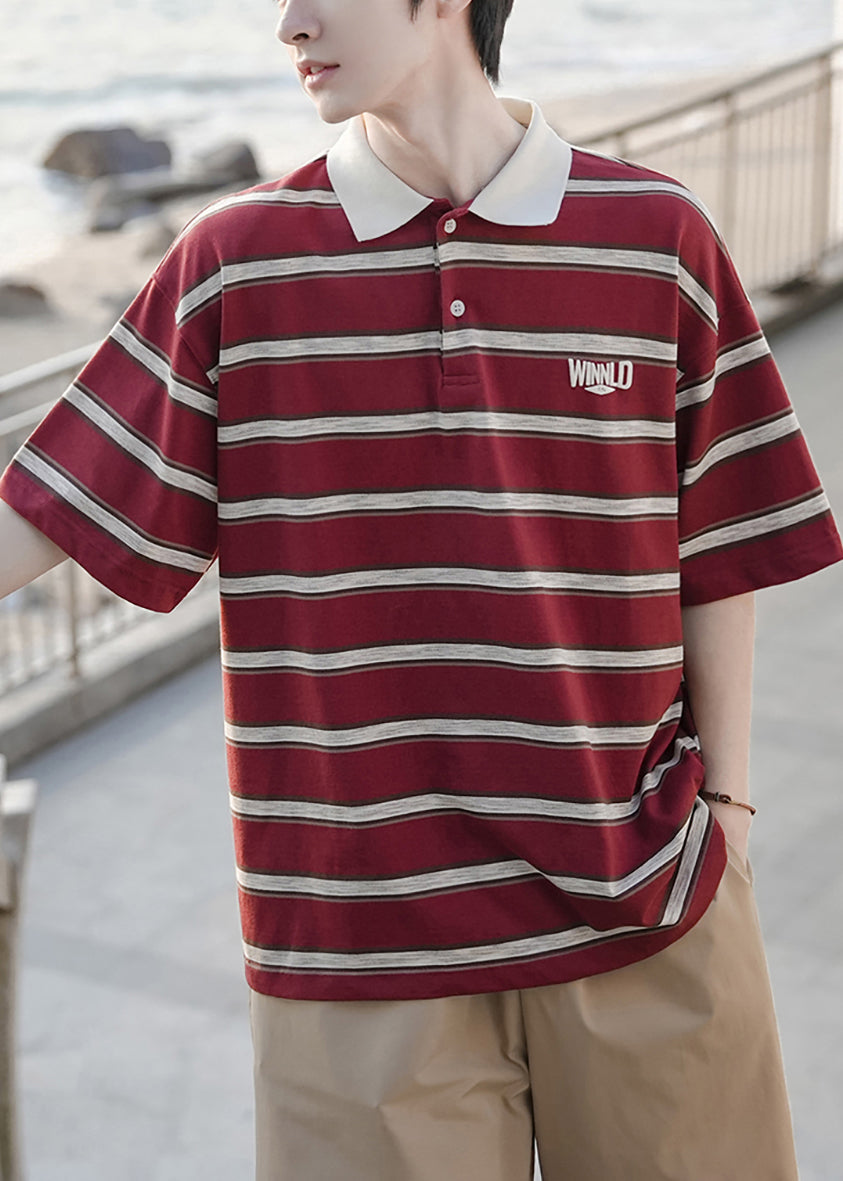 Loose Mens Button Striped Red Shirts Cotton Polo