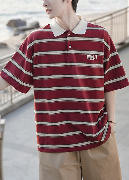 Loose Mens Button Striped Red Shirts Cotton Polo