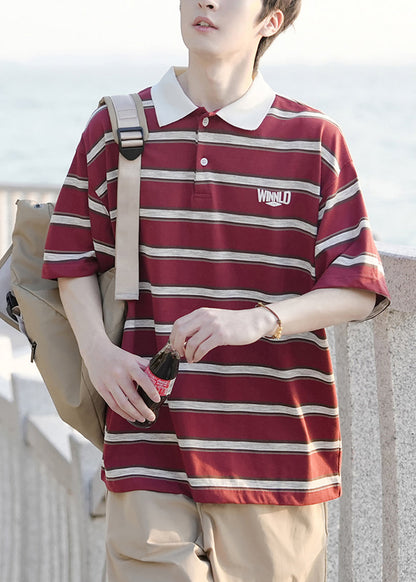 Loose Mens Button Striped Red Shirts Cotton Polo