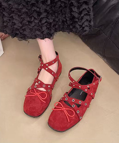 Suede Splicing Feet Red Flat Strap Cross Bow Shoes Rivet