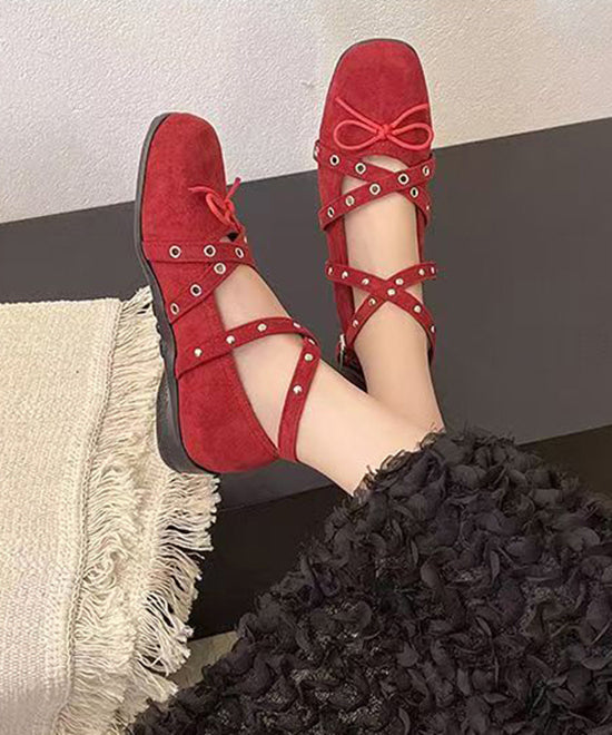 Suede Splicing Feet Red Flat Strap Cross Bow Shoes Rivet