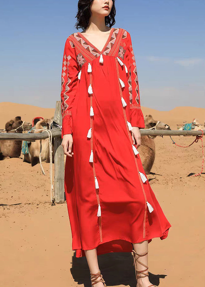 Long Patchwork Tasseled Neck Fall Cotton Dress Red V