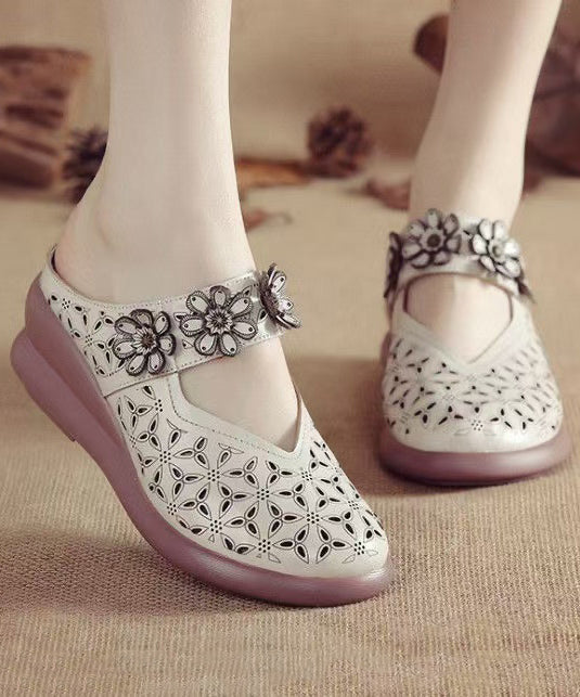 Sandals Splicing Cowhide Red New Out Hollow Slide Wedge Leather