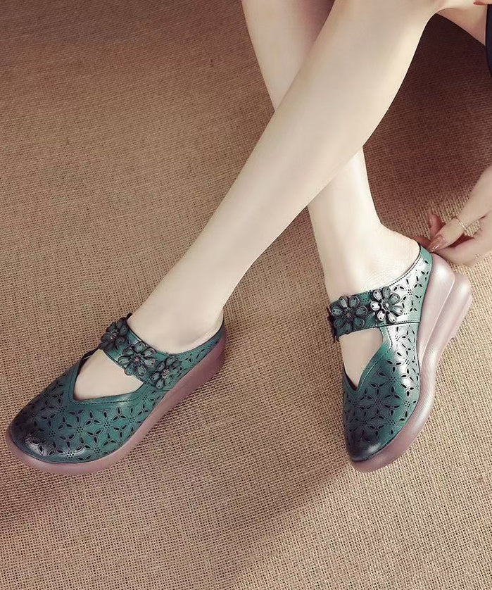 Leather Hollow Wedge Out Sandals Cowhide New Slide Splicing Red