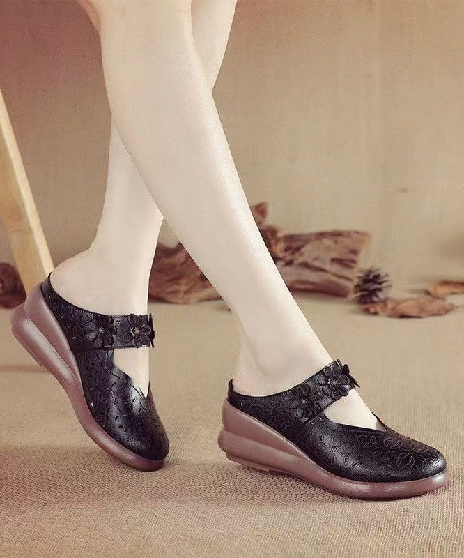 Leather Hollow Wedge Out Sandals Cowhide New Slide Splicing Red