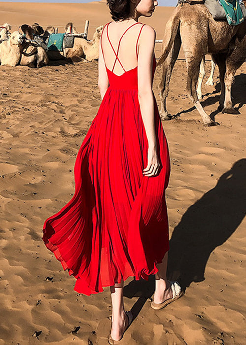 Neck Solid Summer Spaghetti Red Dress Wrinkled Strap Chiffon V