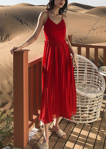 Neck Solid Summer Spaghetti Red Dress Wrinkled Strap Chiffon V