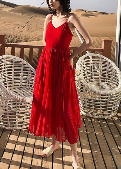 Neck Solid Summer Spaghetti Red Dress Wrinkled Strap Chiffon V