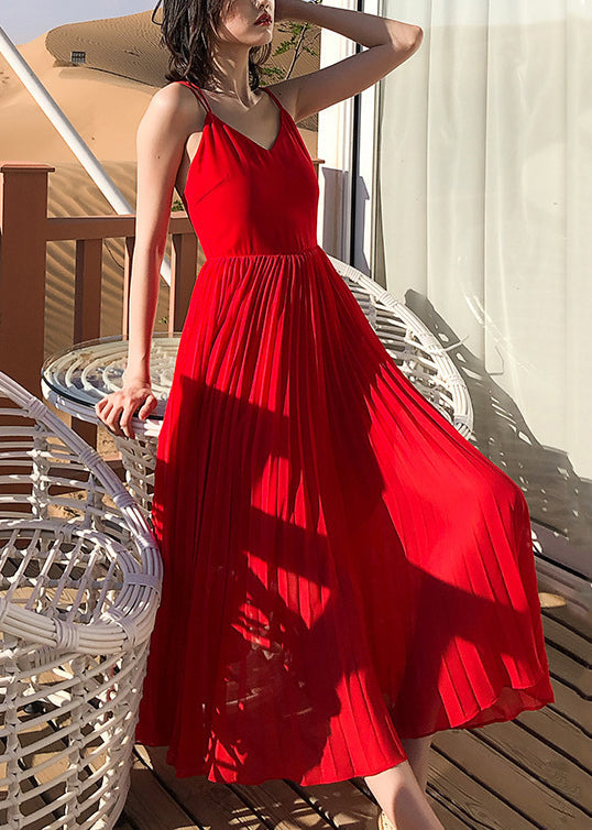 Neck Solid Summer Spaghetti Red Dress Wrinkled Strap Chiffon V
