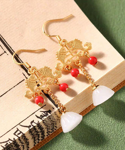 Regular Ancient Gold Inlaid Jade Gem Stone Lotus Flower Tassel Drop Earrings KX1078