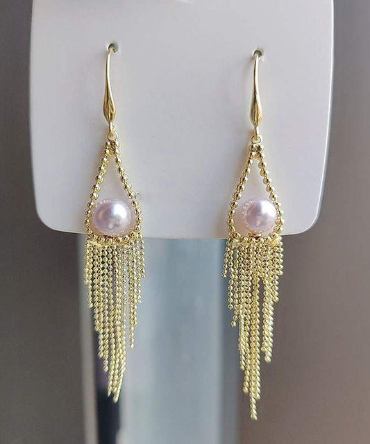 Regular Gold Alloy Pearl Tassel Drop Earrings KX1020