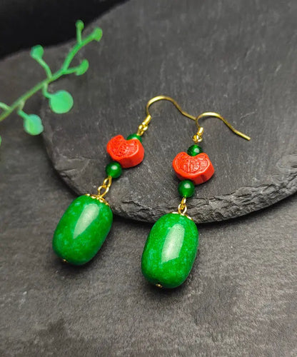 Regular Green Sterling Silver Jade Cinnabar Drop Earrings Ada Fashion