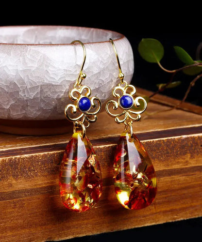 Regular Sterling Silver Overgild Inlaid Gem Stone Amber Drop Earrings Ada Fashion