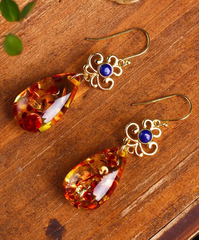 Regular Sterling Silver Overgild Inlaid Gem Stone Amber Drop Earrings Ada Fashion