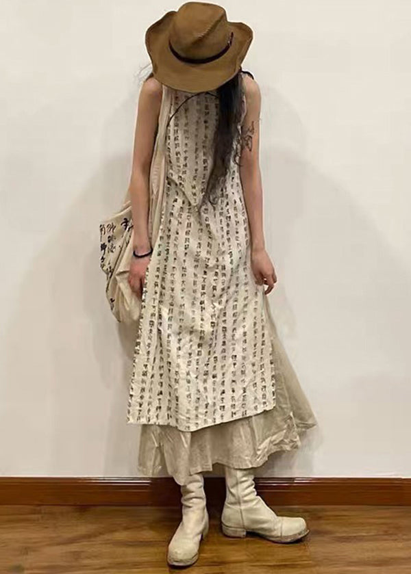 Retro Beige Stand Collar Print Side Open Cotton Dress Sleeveless WW1029