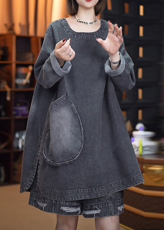 Retro Denim Open Black Side Tops Fall Patchwork