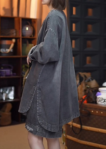 Retro Denim Open Black Side Tops Fall Patchwork