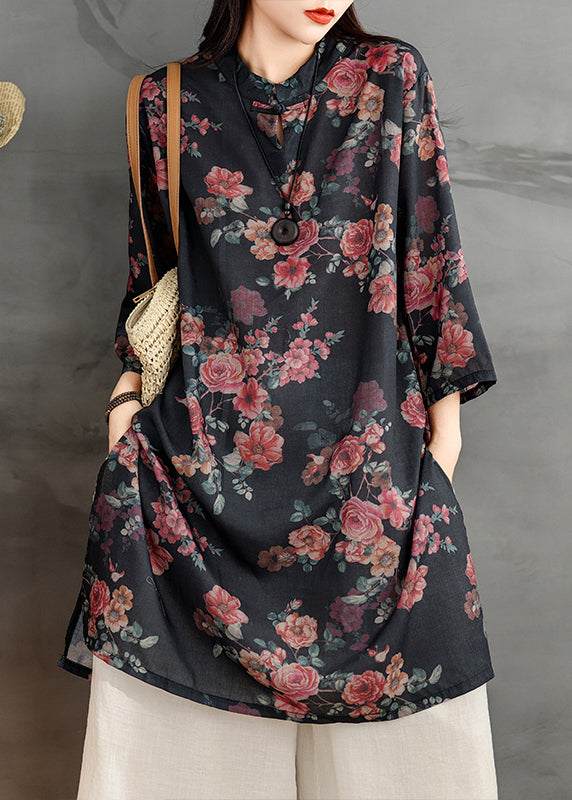 Collar Dress Stand Linen Retro Shirts Side Open Print Black