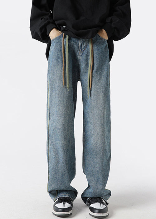 Mens Denim Up Retro Pants Spring Lace Black Striped