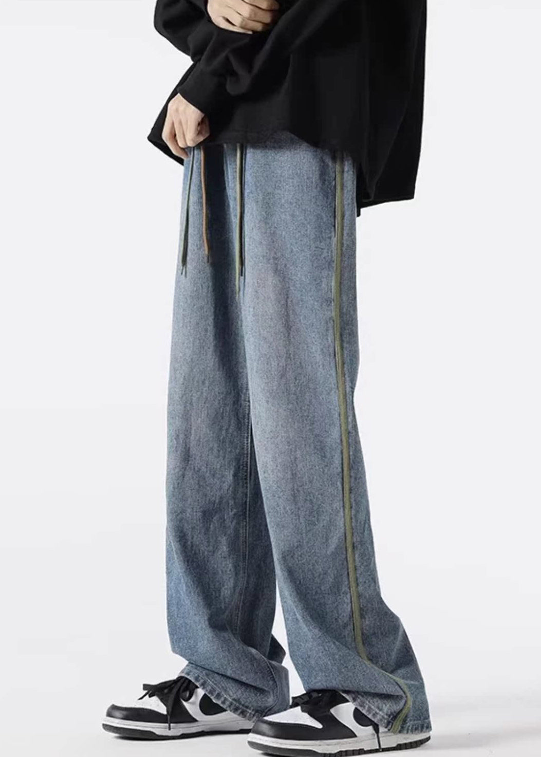 Mens Denim Up Retro Pants Spring Lace Black Striped