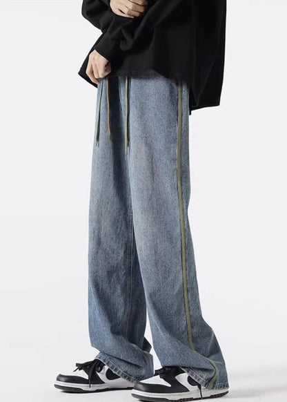 Mens Denim Up Retro Pants Spring Lace Black Striped