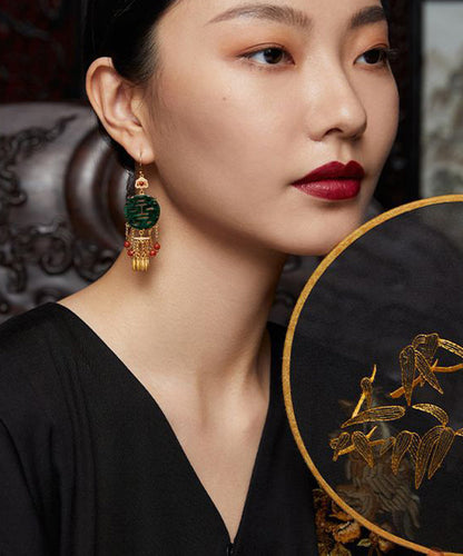 Retro Blackish Green Ancient Gold Inlaid Pearl Jade Agate Tassel Drop Earrings PO029