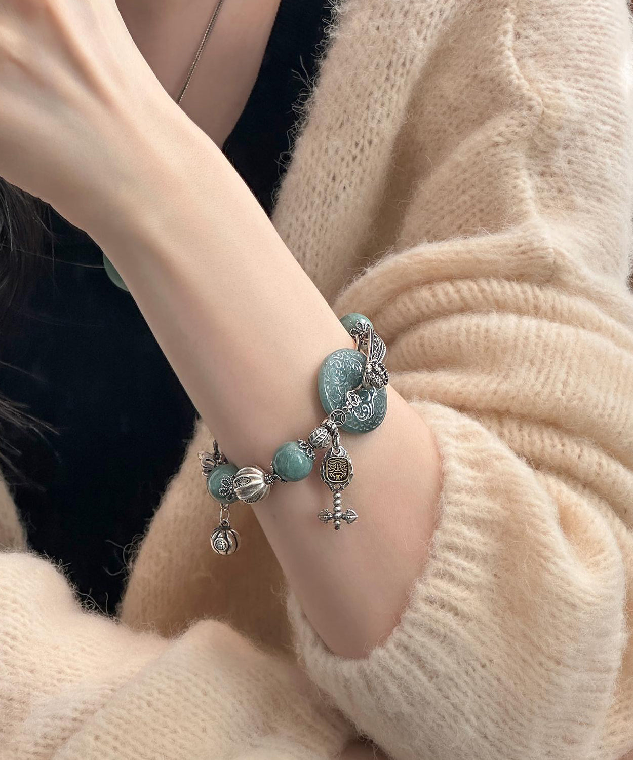 Sterling Charm Silver Butterfly Blackish Retro Green Jade