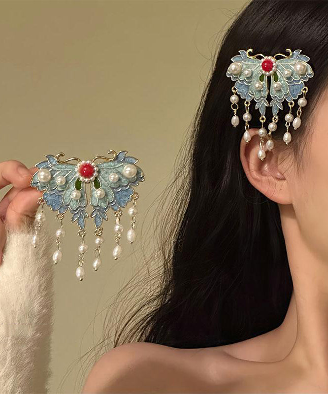Hairpin Tassel Alloy Retro Blue Pearl Enameling Butterfly
