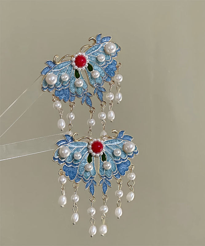 Hairpin Tassel Alloy Retro Blue Pearl Enameling Butterfly