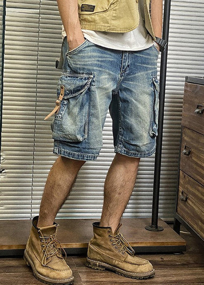 Blue Pockets Waist Shorts Denim Retro Summer Mens High