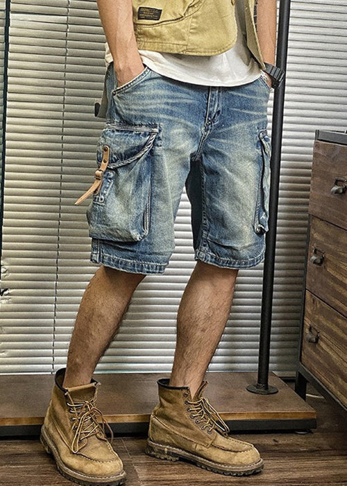 Blue Pockets Waist Shorts Denim Retro Summer Mens High