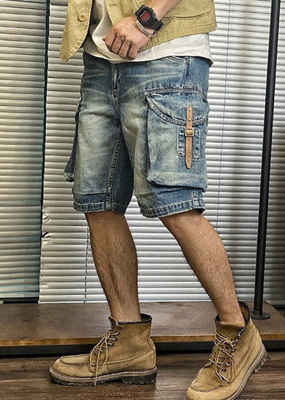 Blue Pockets Waist Shorts Denim Retro Summer Mens High