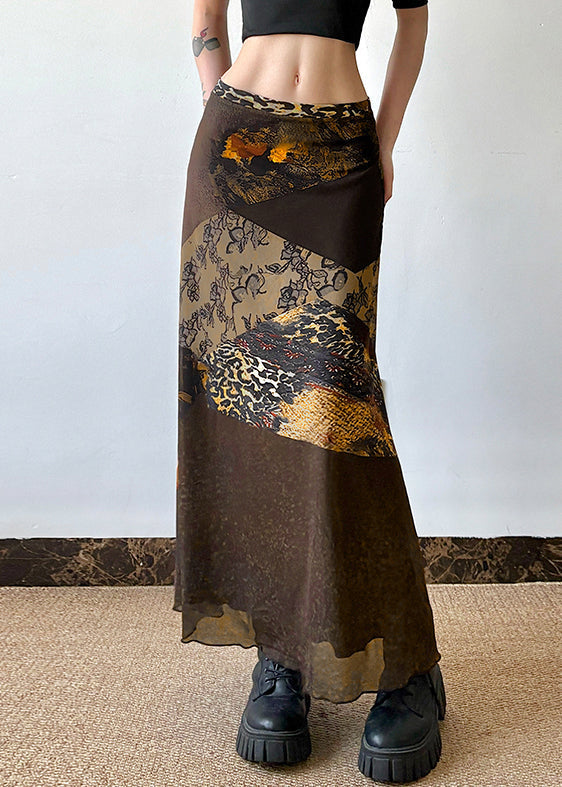 Summer Tulle High Skirt Print Waist Brown Retro Patchwork