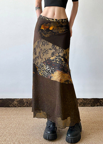 Summer Tulle High Skirt Print Waist Brown Retro Patchwork