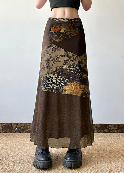 Summer Tulle High Skirt Print Waist Brown Retro Patchwork