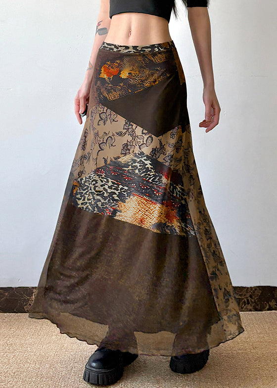 Summer Tulle High Skirt Print Waist Brown Retro Patchwork