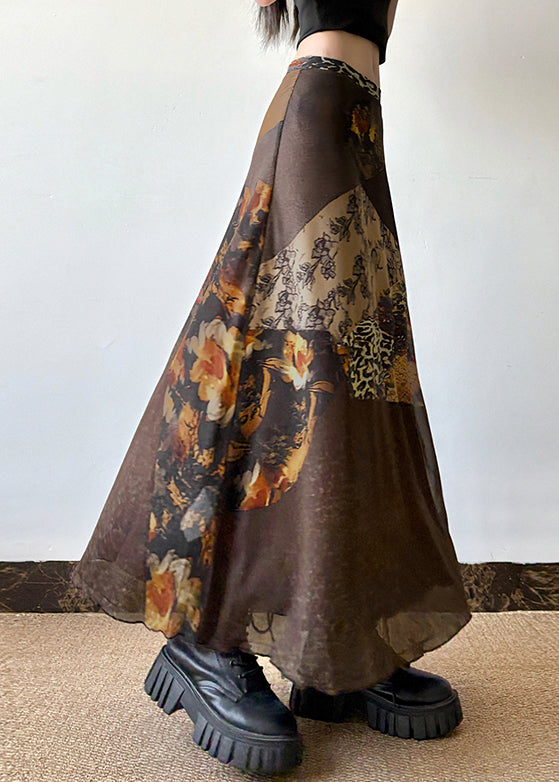 Summer Tulle High Skirt Print Waist Brown Retro Patchwork